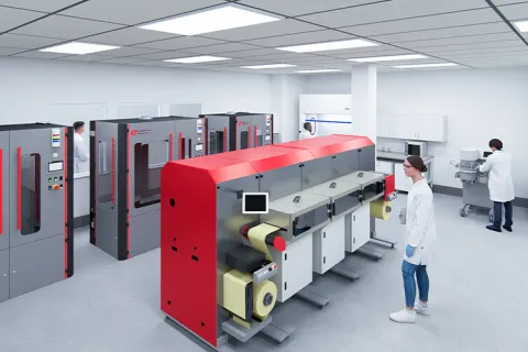 A rendering of a laboratory with industrial machines and lab personnel