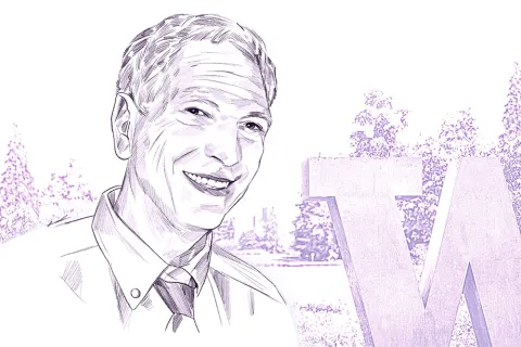 An illustration of Leonard "Len" Nelson in front of the "W" sign