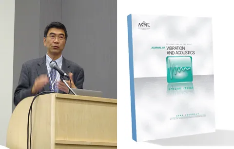 Steve Shen at a podium on left and the cover of the Journal of Vibrations and Acoustics on right