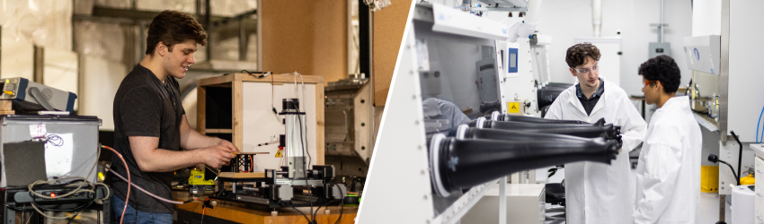 A photo collage. On the left: Three students touching the surface of an EccoCar. On the right: two researchers in a lab