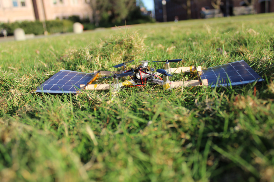 Close up photo of a solar powered drone on the grass