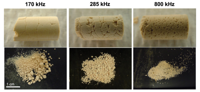 Kidney stone samples - cylindrical and crushed, with increasing fineness from left to right.