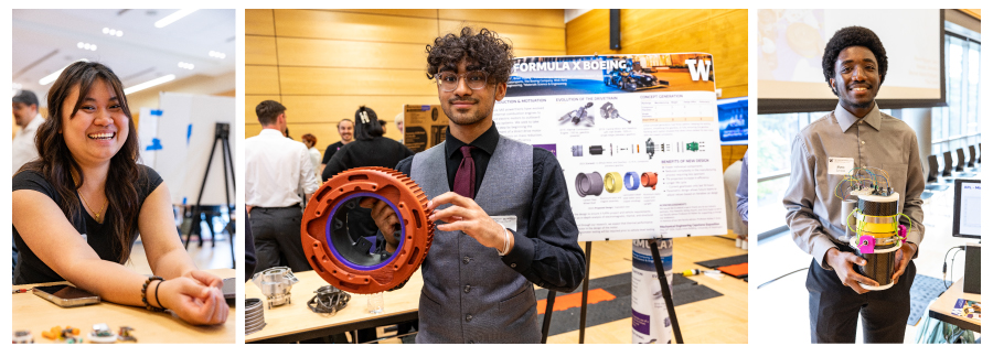 To the left, a student holds a microbattery. In the middle photo, a student holds an electric motor prototype with a poster in the background about the Formula Motorsports and Boeing project. To the right, a student holds an underwater oceanographic sensing device.