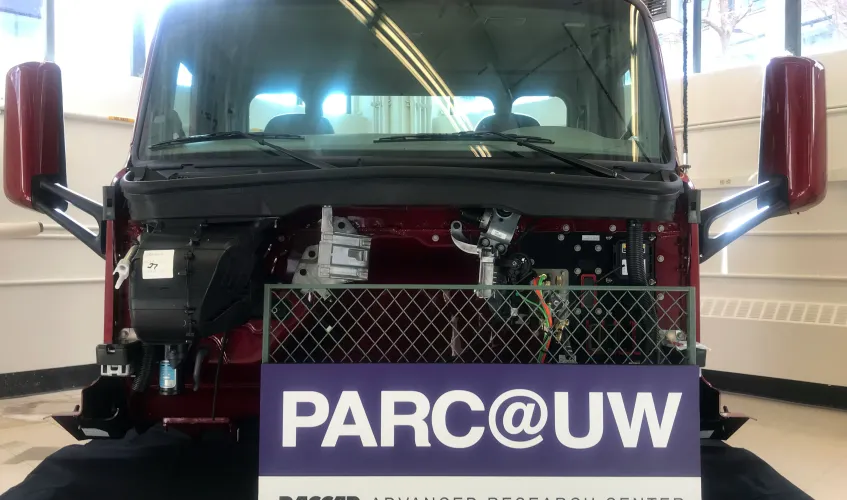 A truck with a sign that says "PARC@UW PACCAR ADVANCED RESEARCH CENTER"