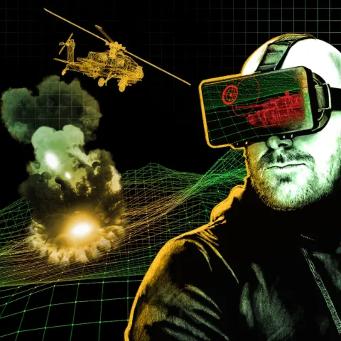 On the right is a man with a short beard and wearing a VR headset, to the left is a helicopter flying over an explosion drawn in yellow and black to make it look like he's seeing that simulation in VR