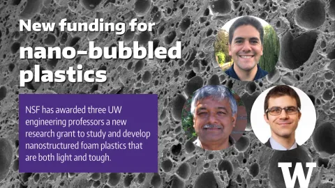 In the background is a black and white microscope image of sponge-like plastic, in the foreground text says "new funding for nano-bubbled plastics" and has photos of three UW professors and a UW logo