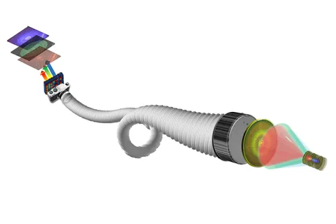 A coiled gray hose with a data-emitting terminal and a light-projection module