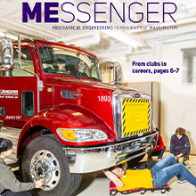 The cover of the Messenger: Spring 2024 shows students working on a truck in a workshop. Text reads, 'From clubs to careers, pages 6-7.'