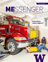 The cover of "Messenger: Spring 2024" shows students working on a truck in a workshop. Text reads, "From clubs to careers, pages 6-7.